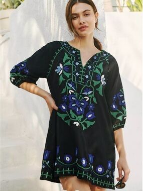 Roller Rabbit Lavandou Grace Dress in black with vibrant blue & green embroidery